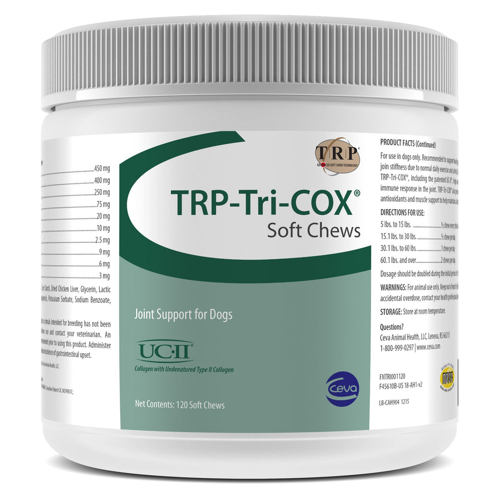 CEVA TRP-Tri-COX Soft Chews bottle label highlighting joint support for active dogs.