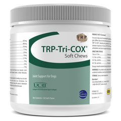 CEVA TRP-Tri-COX Soft Chews bottle label highlighting joint support for active dogs.