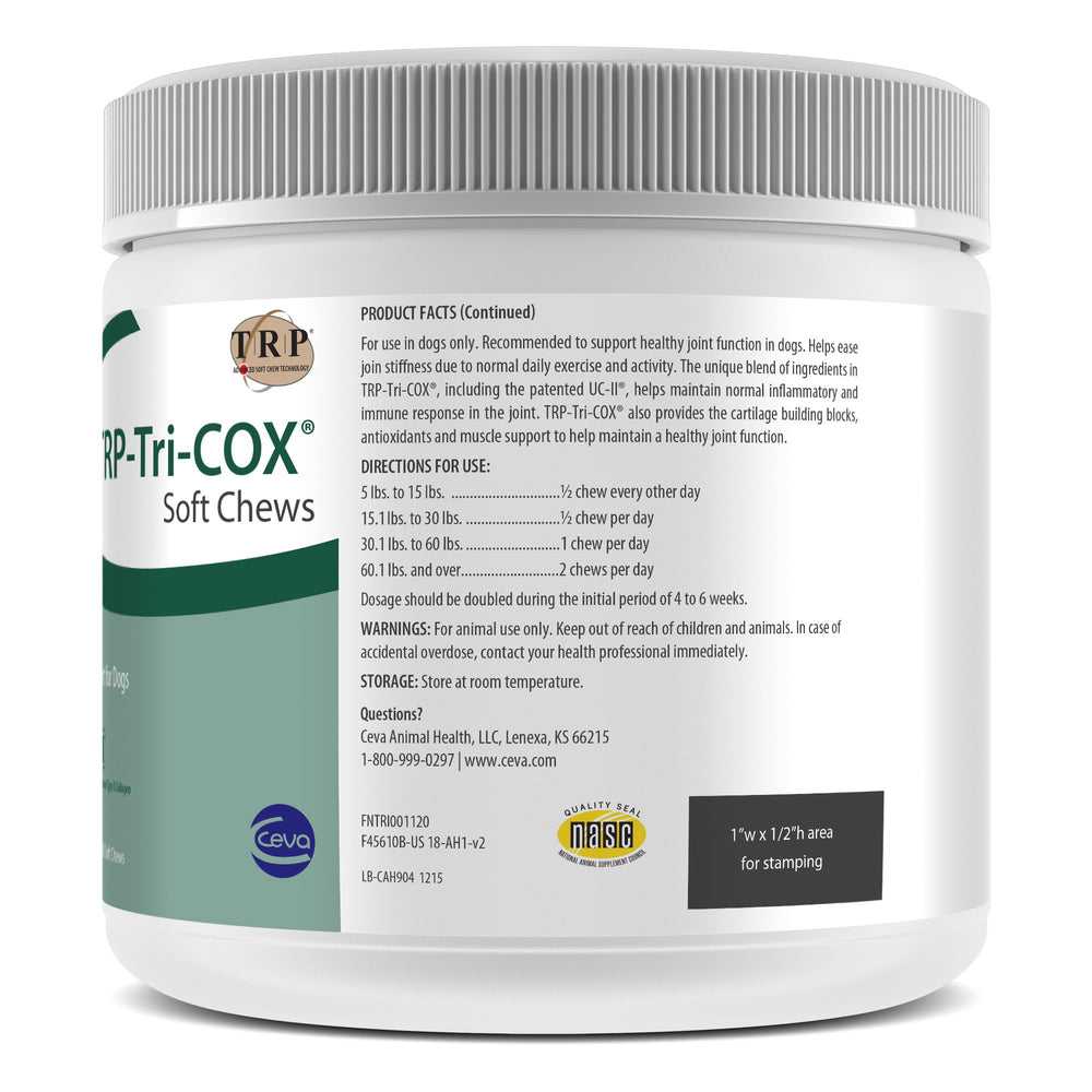 CEVA TRP-Tri-COX Soft Chews liver-flavor chews promote palatability and joint function.