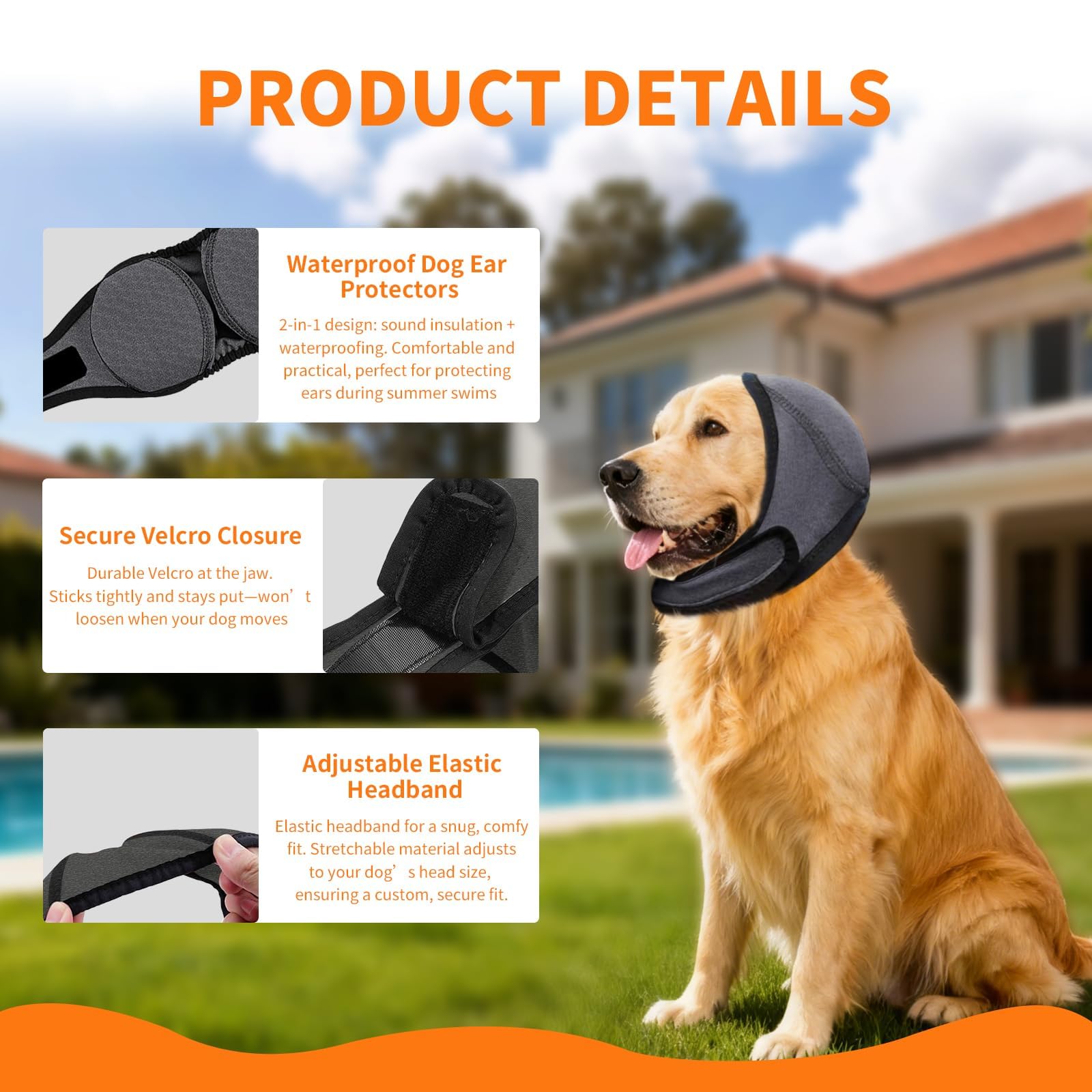 CGPVTSJ No Flap Ear Wraps fitted on a large dog showing adjustable Velcro for secure wear