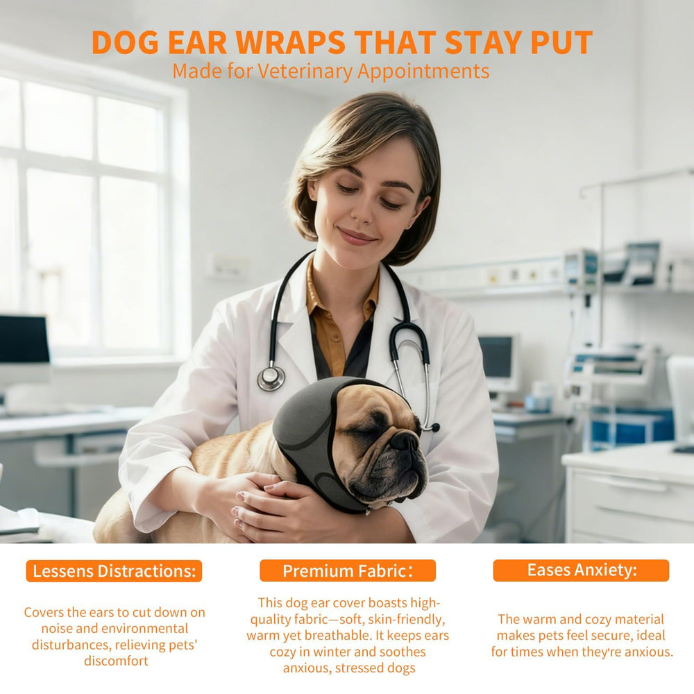 CGPVTSJ dog ear wraps in use during grooming to reduce dryer noise