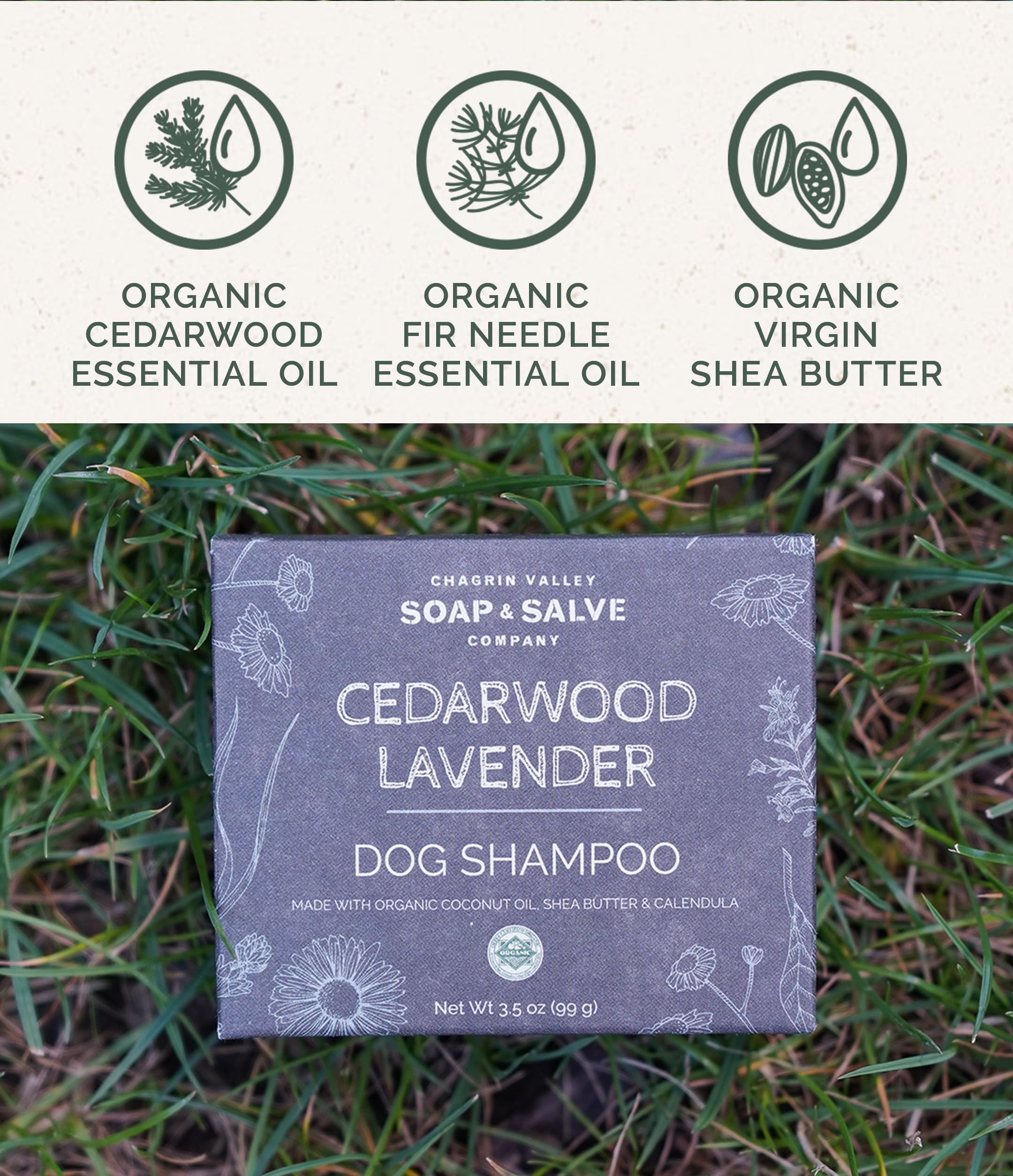 Chagrin Valley Soap & Salve cedarwood-lavender bar offers warm woodsy aroma for calming grooming.