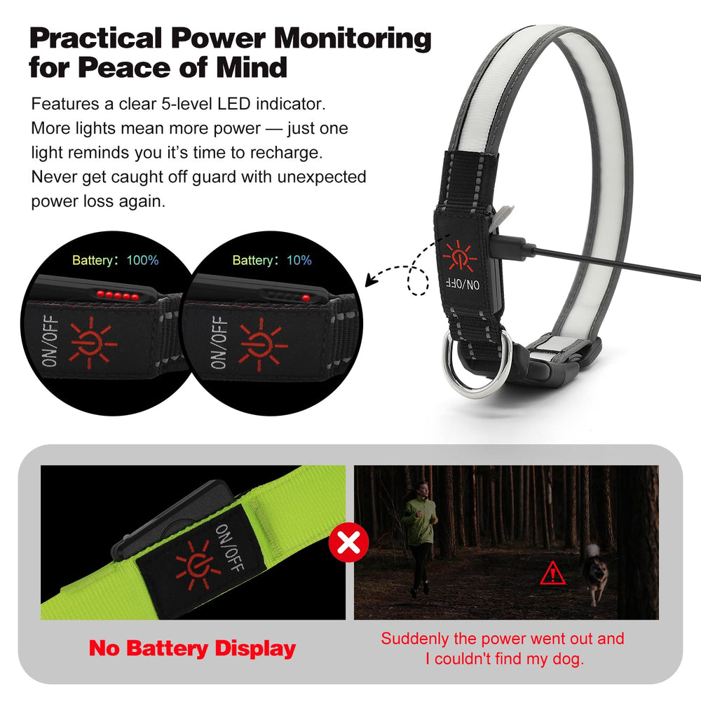 ChalkLit battery-indicator LED collar shows charge level for worry-free outings.