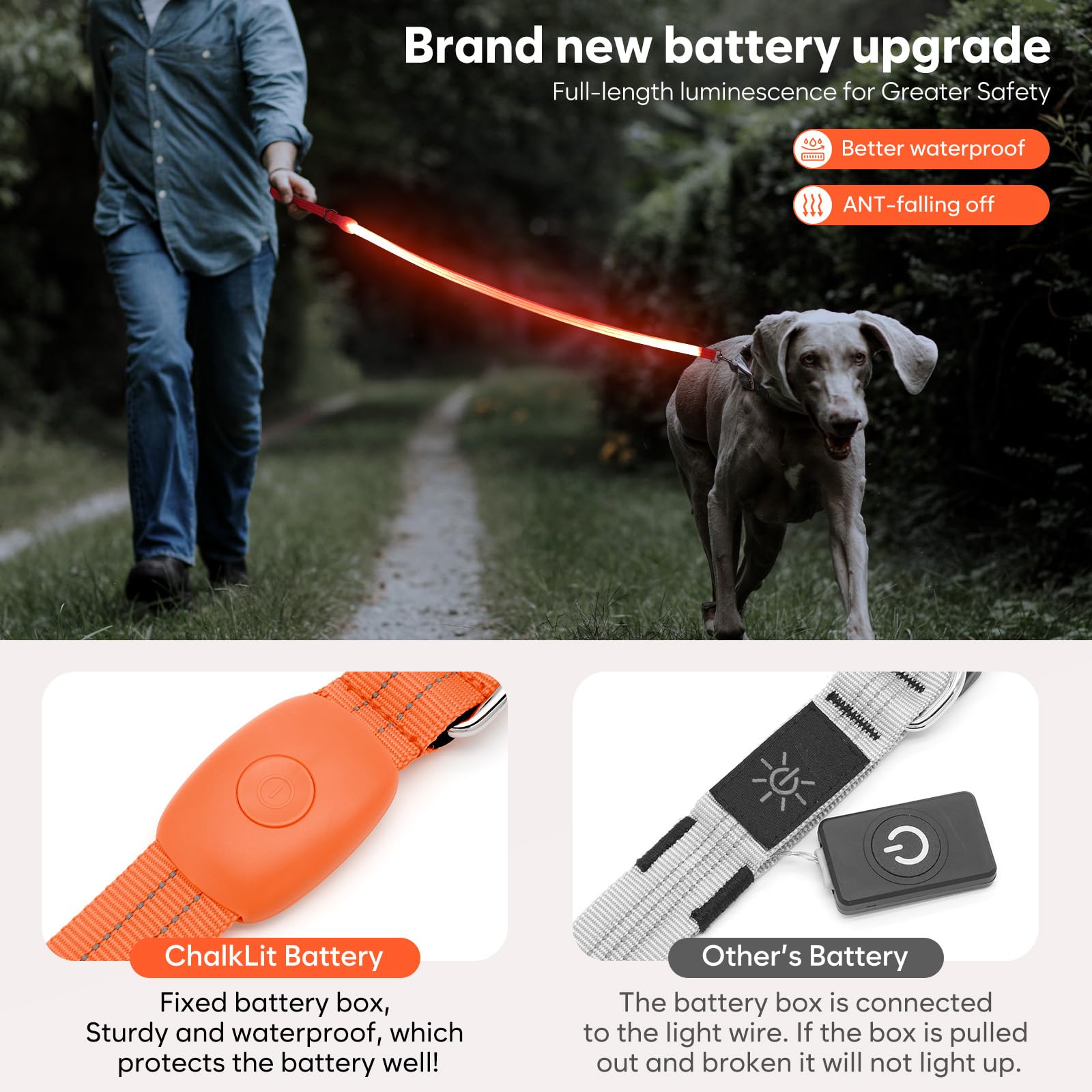 ChalkLit LED dog leash shows its 4 foot length for controlled walking.