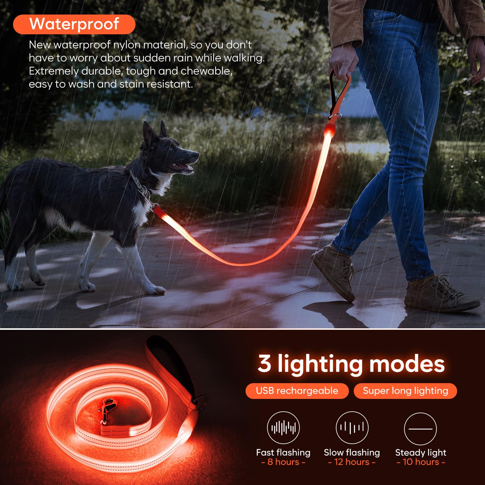 ChalkLit LED dog leash features micro-USB charging for quick recharges.