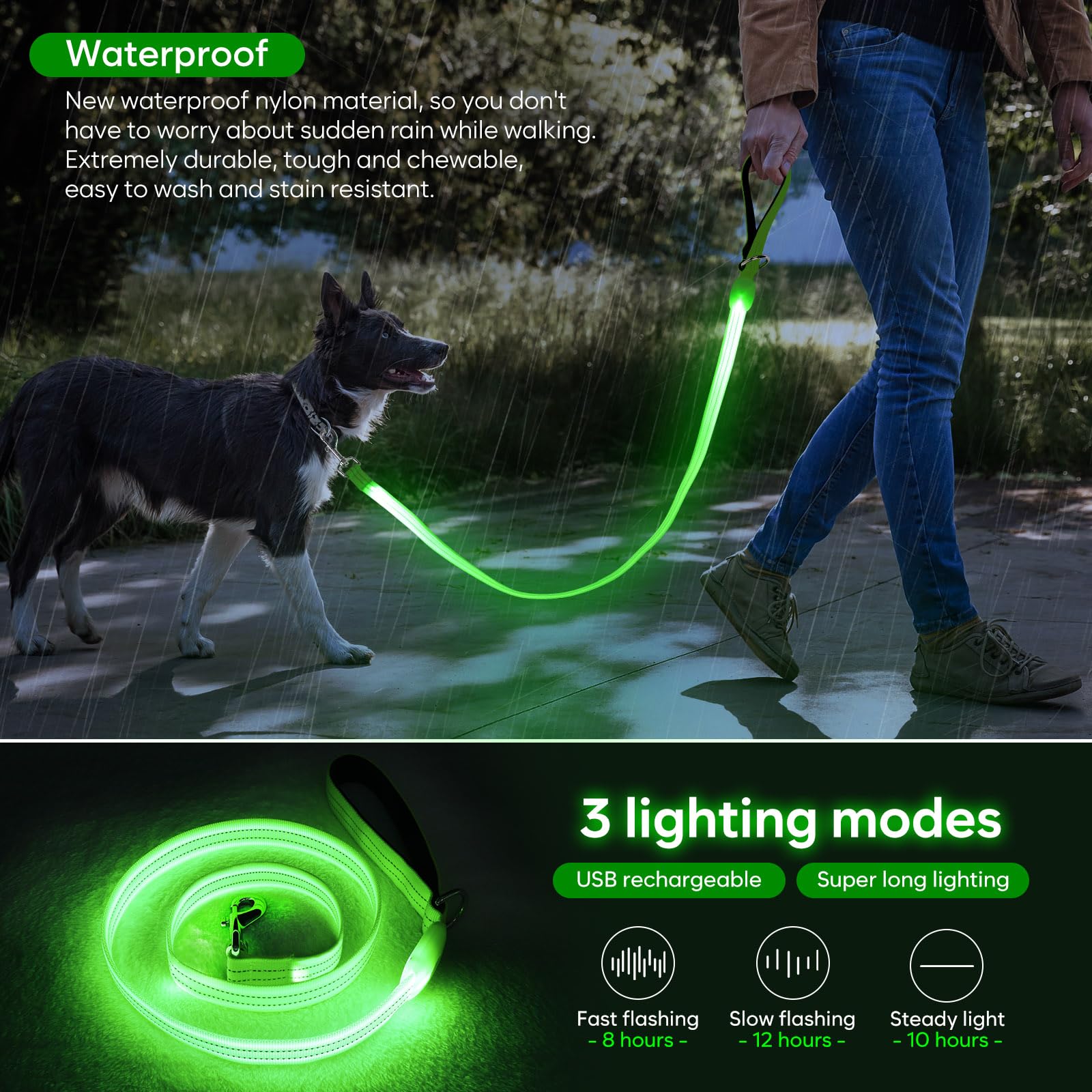 ChalkLit LED dog leash padded-handle offers comfortable grip on walks