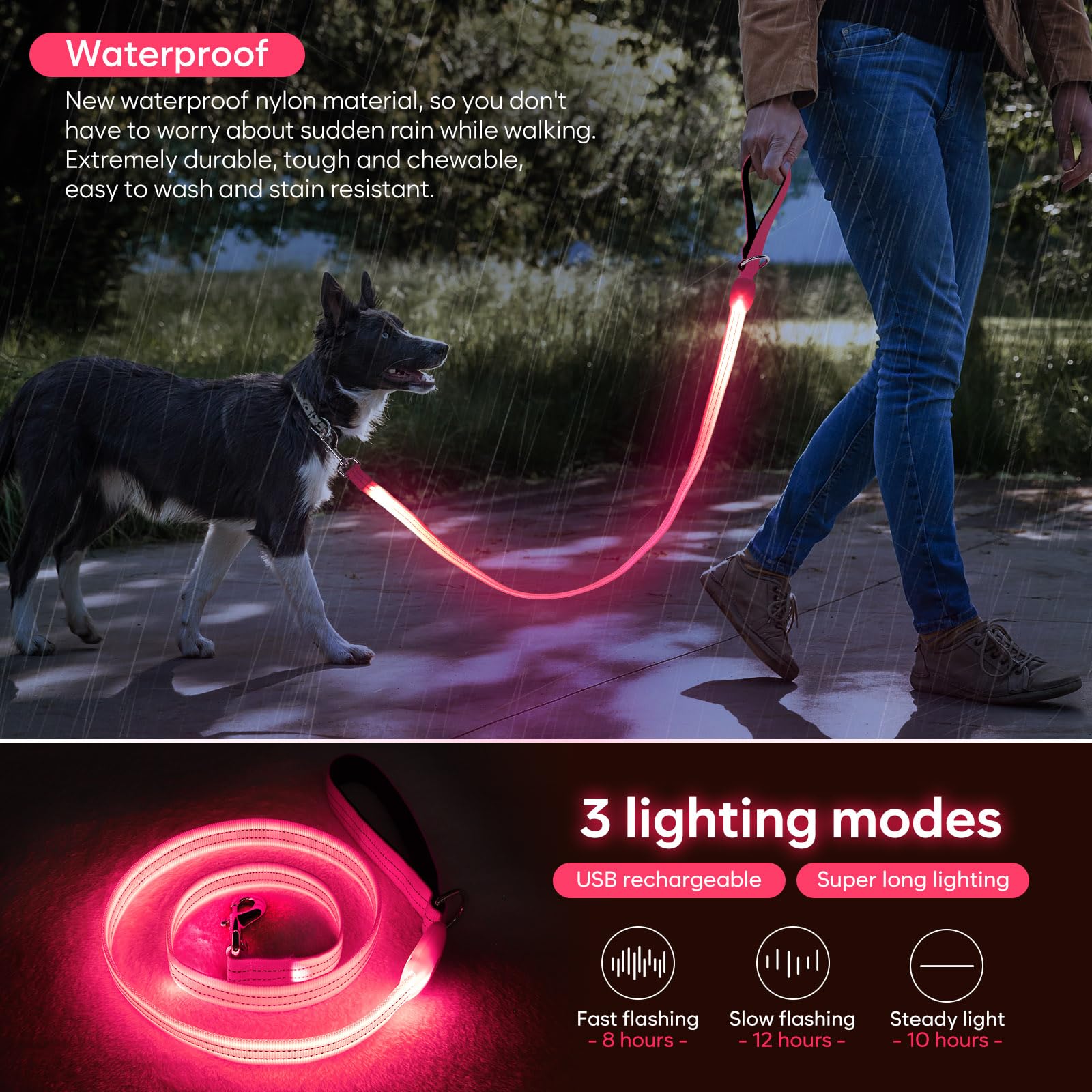 ChalkLit LED dog leash pink 360 swivel clasp prevents tangles