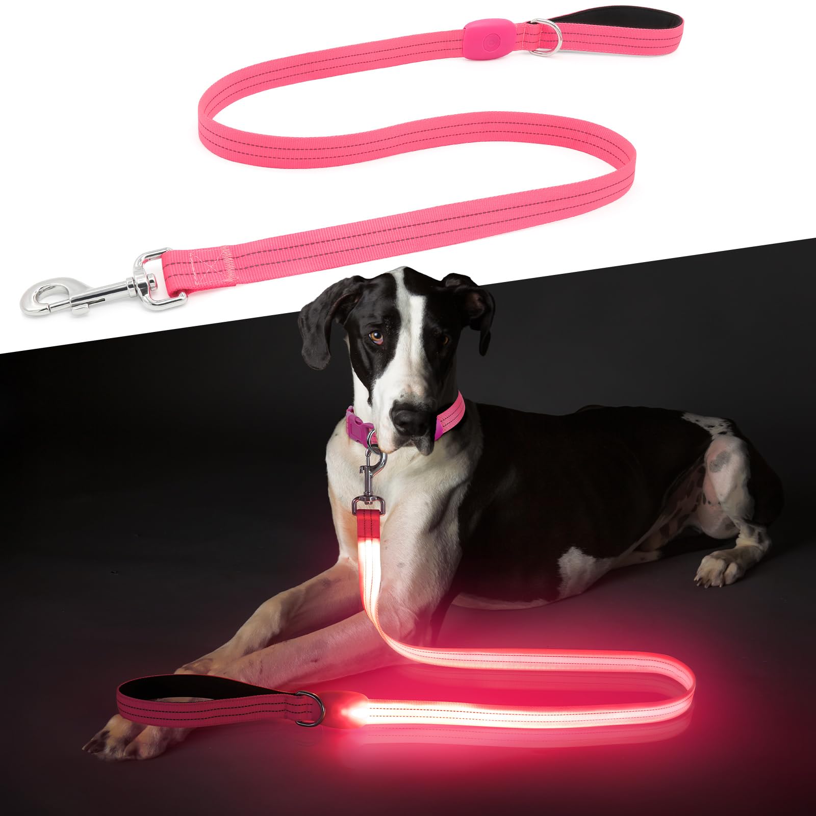 ChalkLit LED dog leash pink full view showing four-foot length