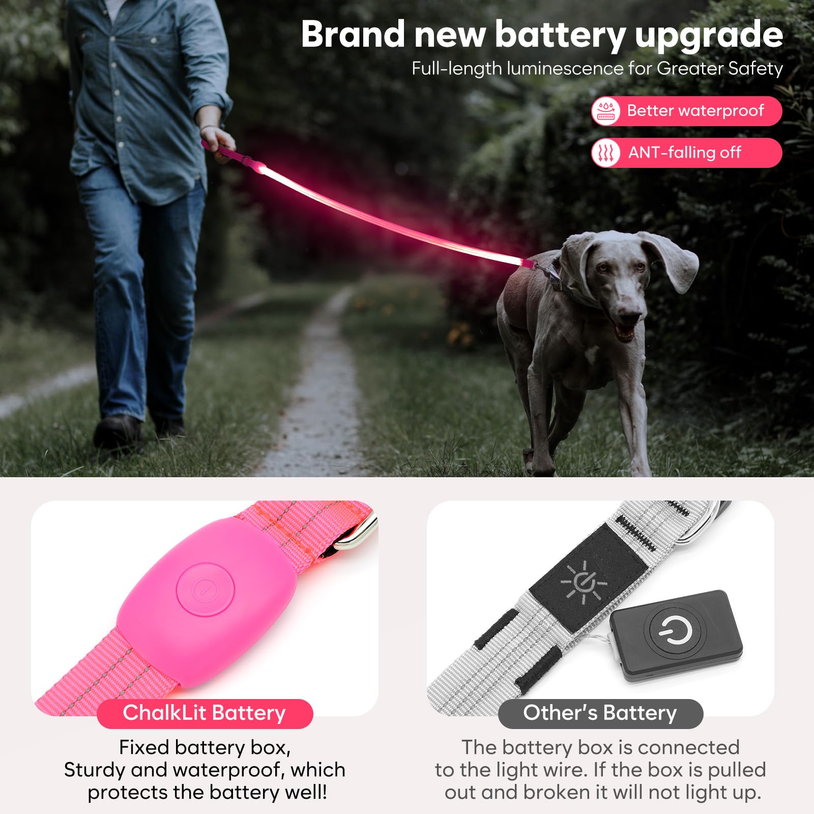 ChalkLit LED dog leash pink waterproof nylon withstands rain