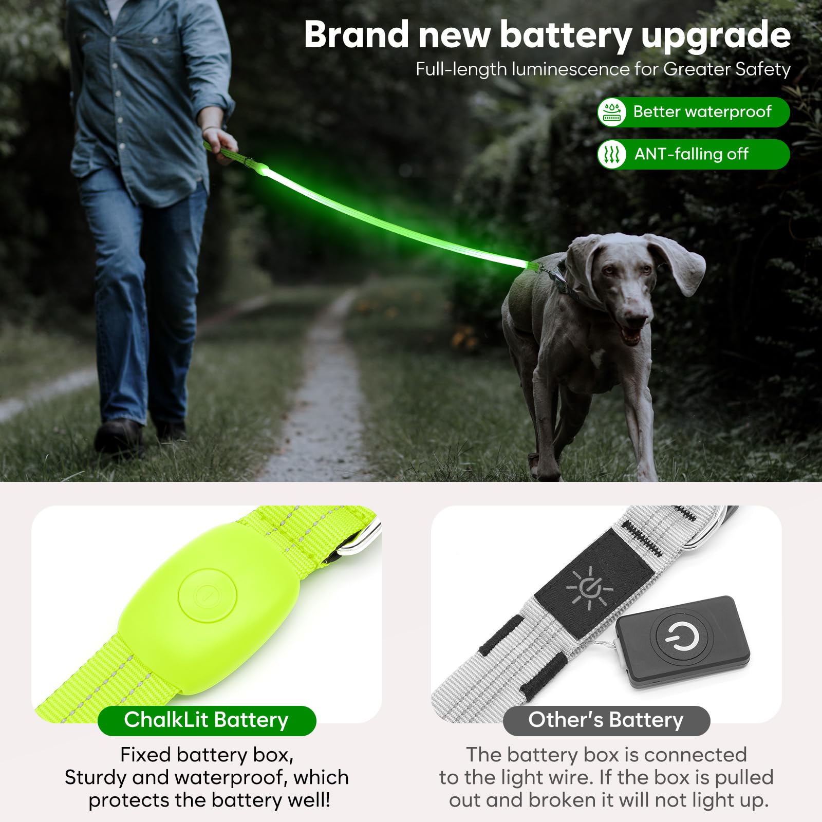 ChalkLit LED dog leash reflective-strips improve visibility in low light