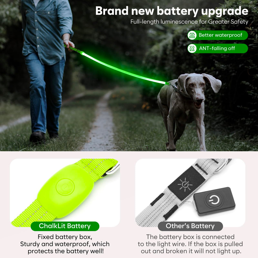 ChalkLit LED dog leash reflective-strips improve visibility in low light