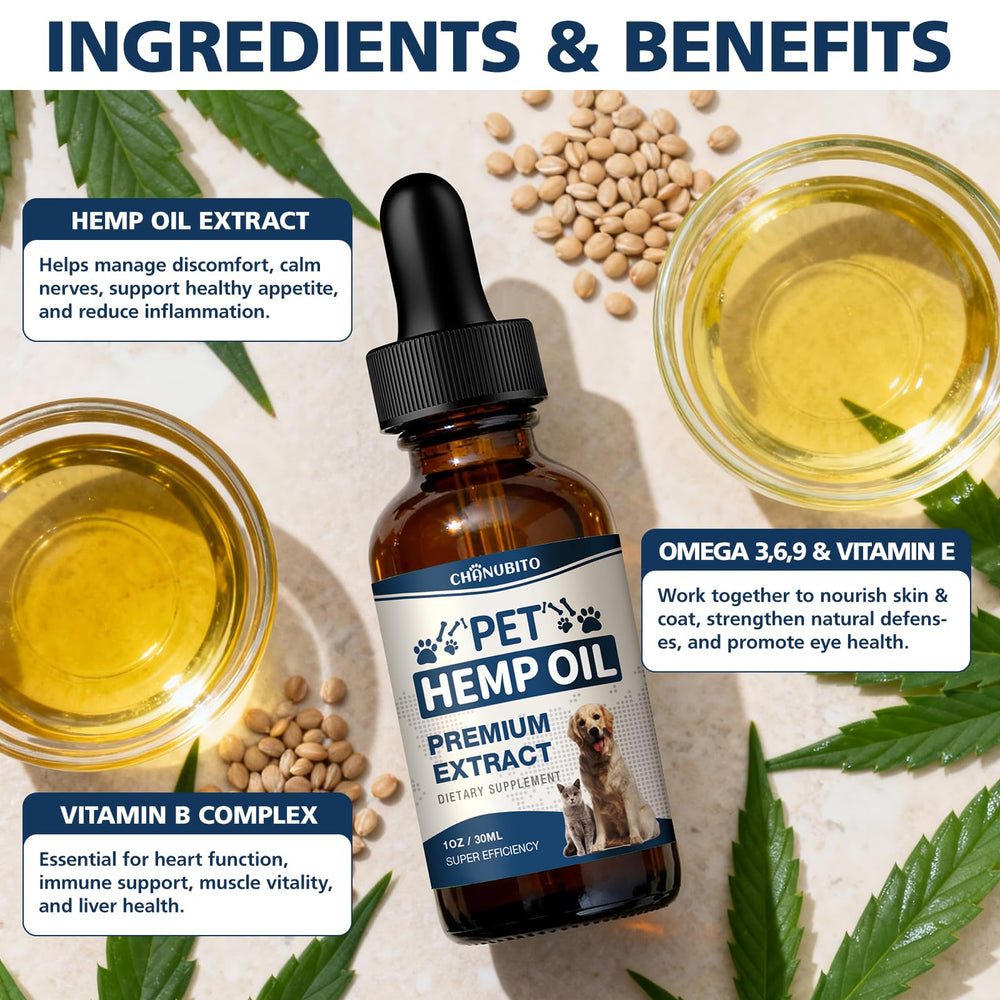 CHANUBITO Pets hemp oil near a sleeping dog to indicate deep sleep potential