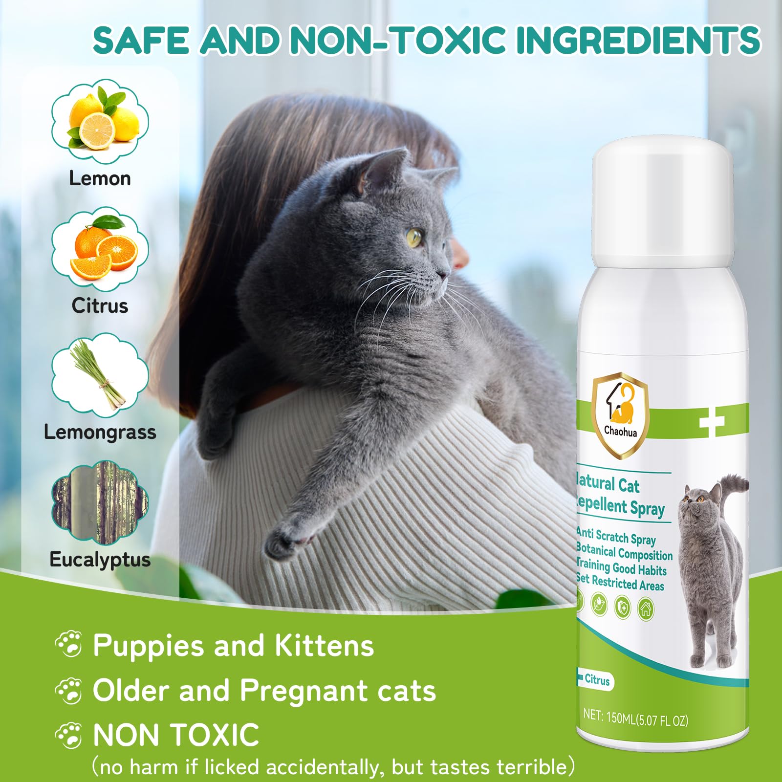 Chaohua Cat Deterrent Spray applied on sofa edge to prevent cat scratching.
