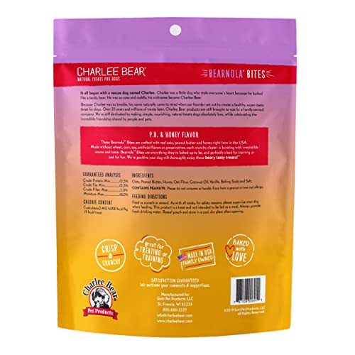 Charlee Bear Bearnola Bites crunchy clusters close-up, inviting aroma for dogs.