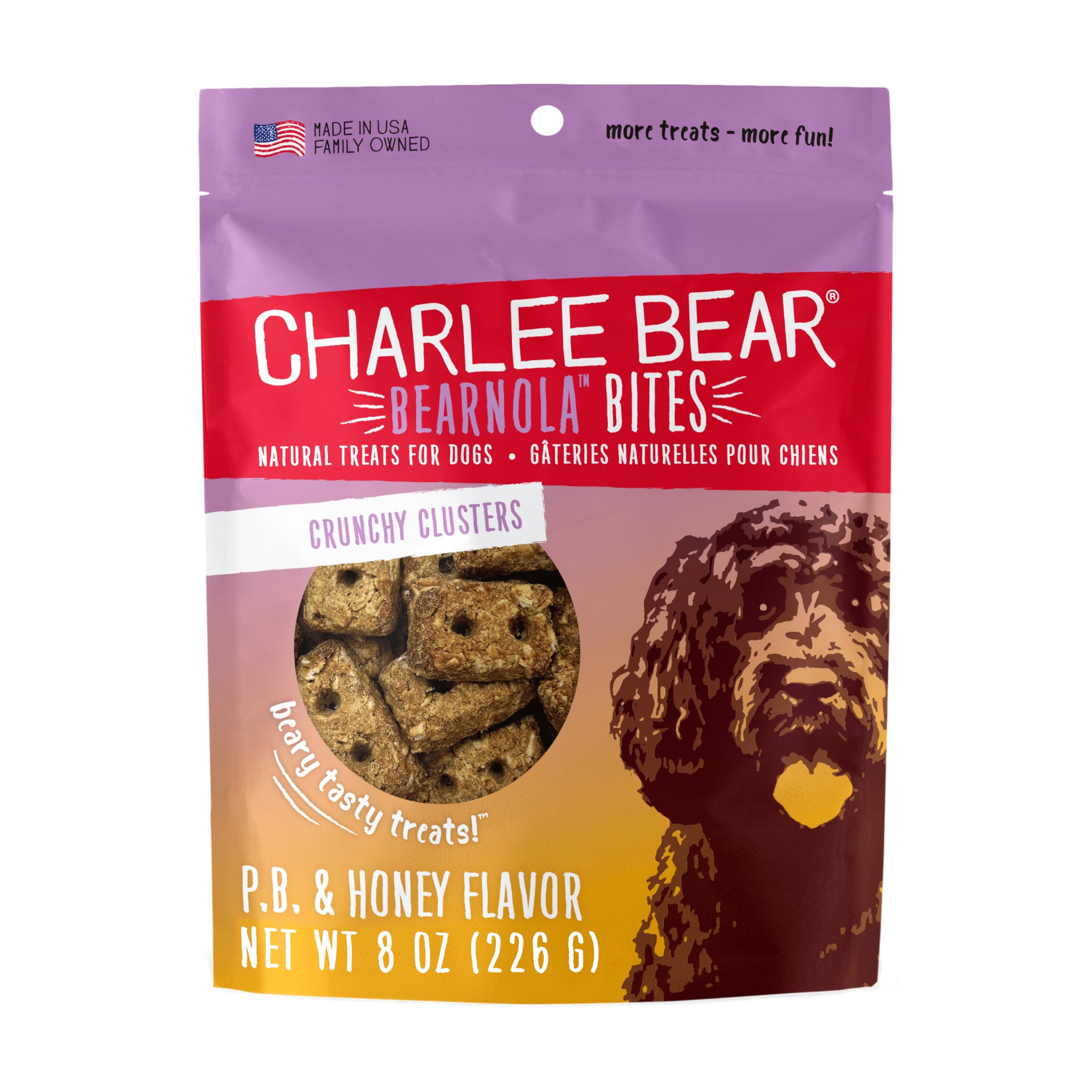 Charlee Bear Bearnola Bites packaging highlights simple ingredients for training rewards.