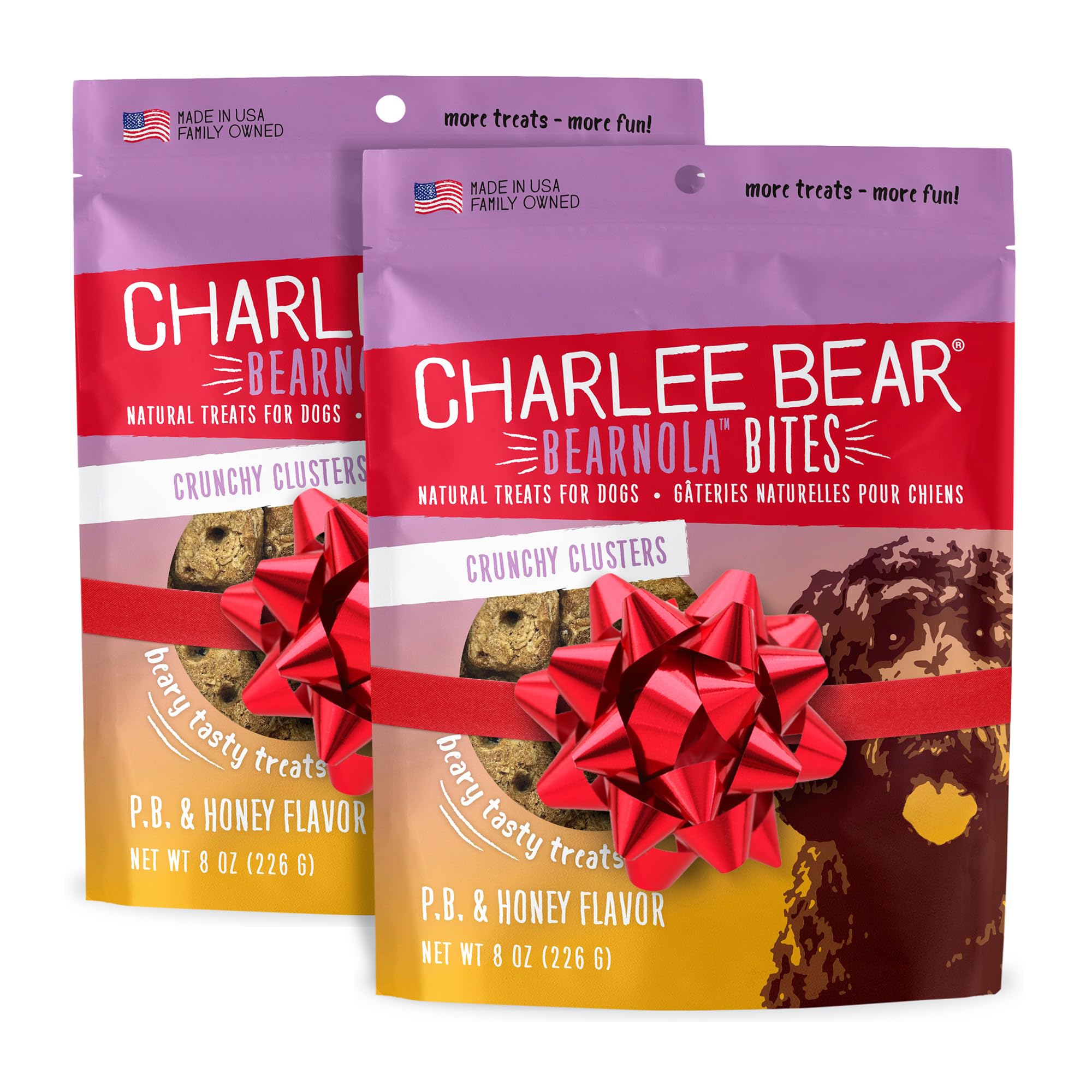 Charlee Bear Bearnola Bites packaging highlighting vegan training treats.