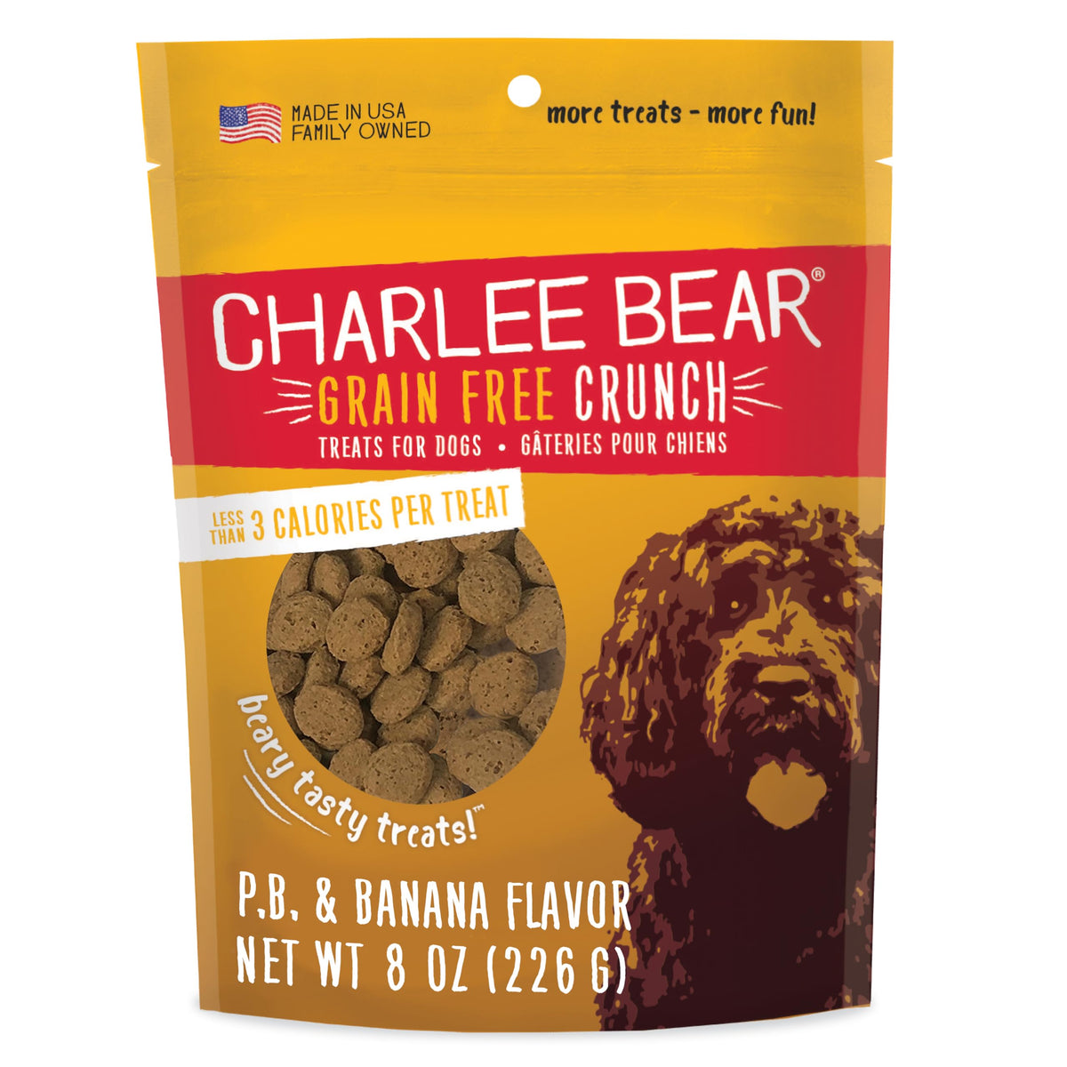 Charlee Bear crunchy grain-free dog treats bag closeup, training rewards.