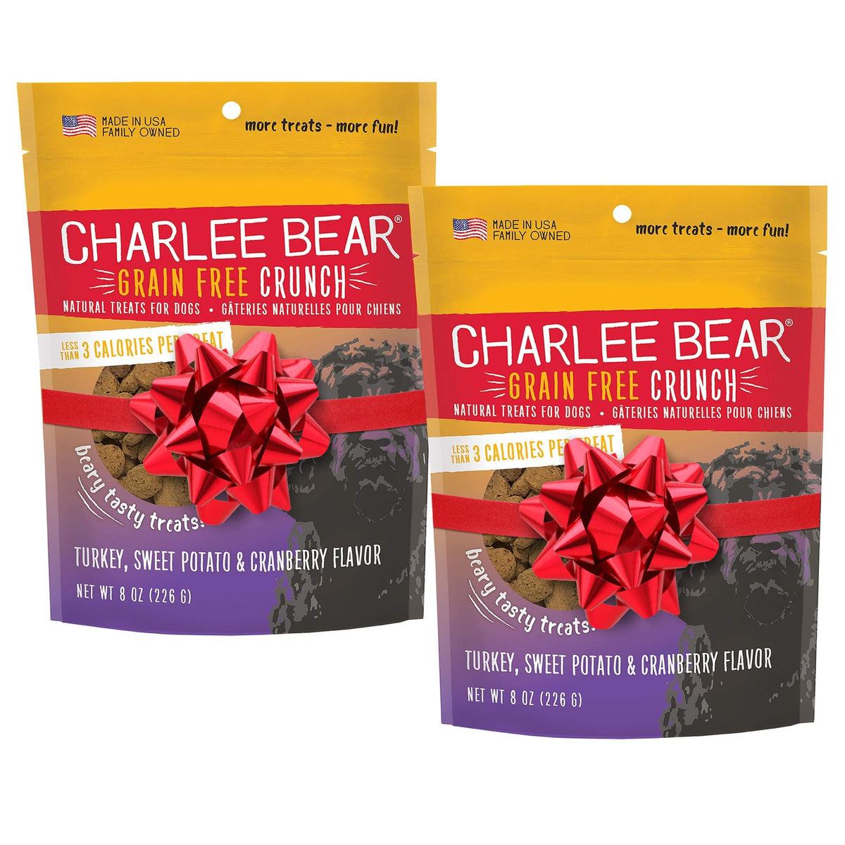 Charlee Bear grain-free crunch turkey bag closeup highlighting bite-sized training rewards.