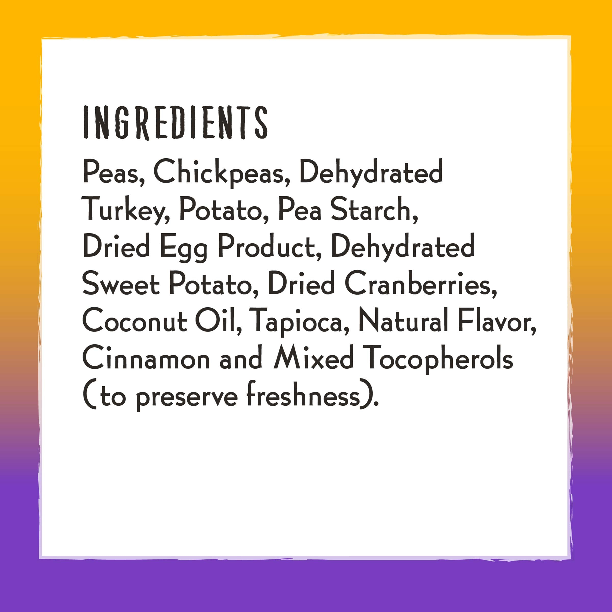 Charlee Bear grain-free crunch turkey ingredients in bowl showing natural turkey and sweet potato.