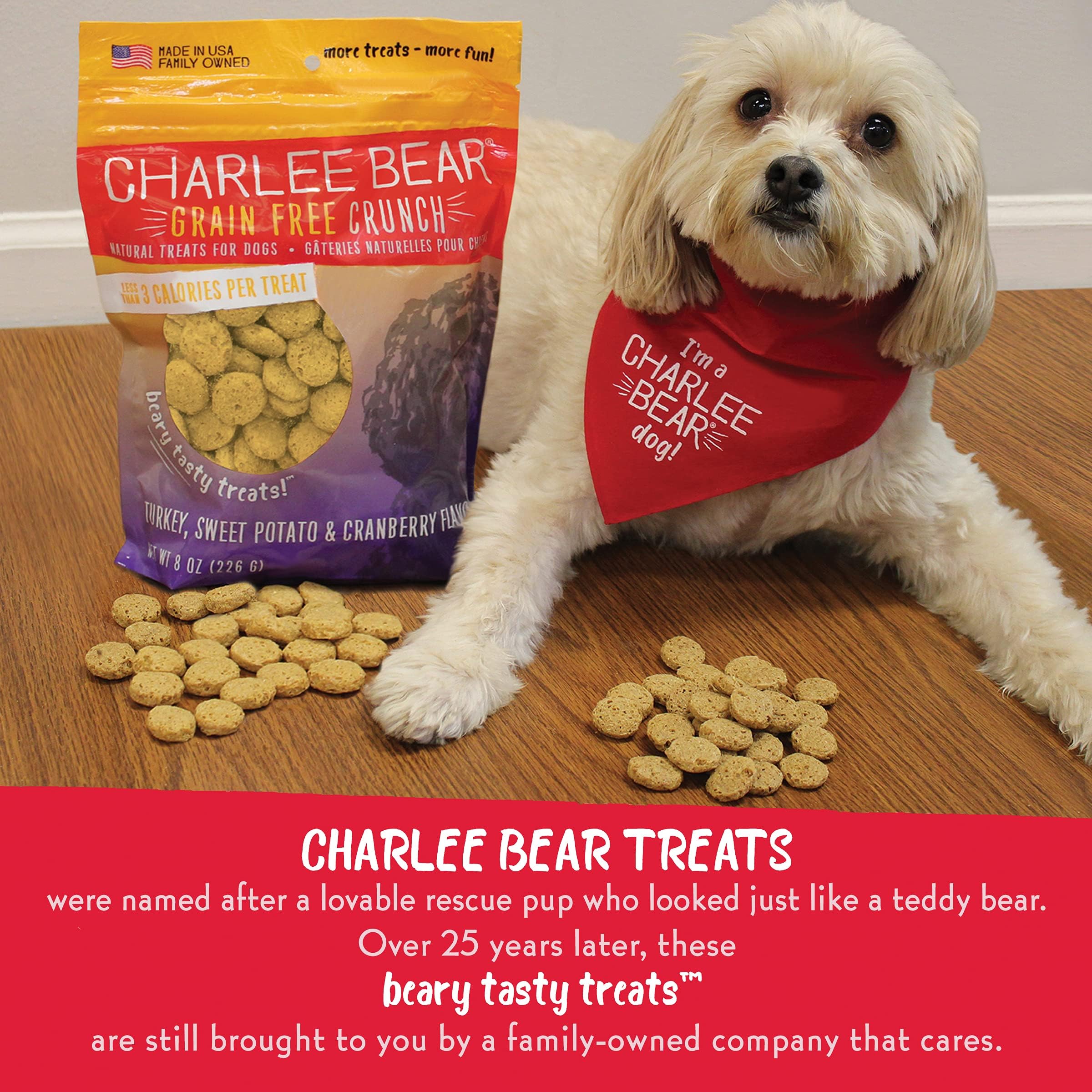 Charlee Bear grain-free crunch turkey usa-made badge visible on packaging.