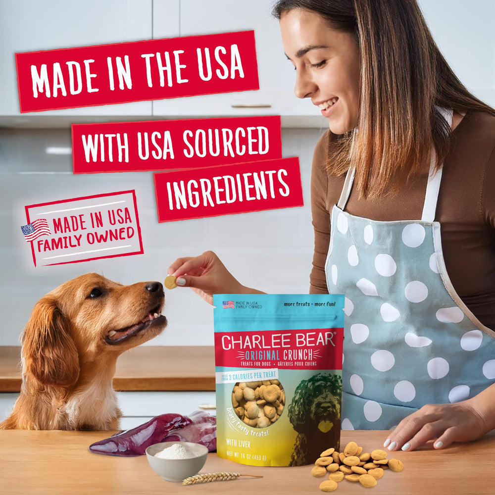 Charlee Bear made-in-USA treats displayed on the kitchen counter.