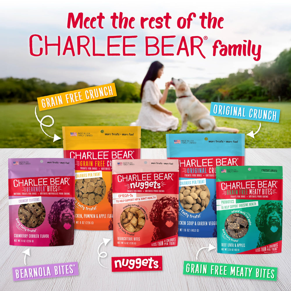 Charlee Bear Nuggets healthy dog snacks offered in multiple flavors.