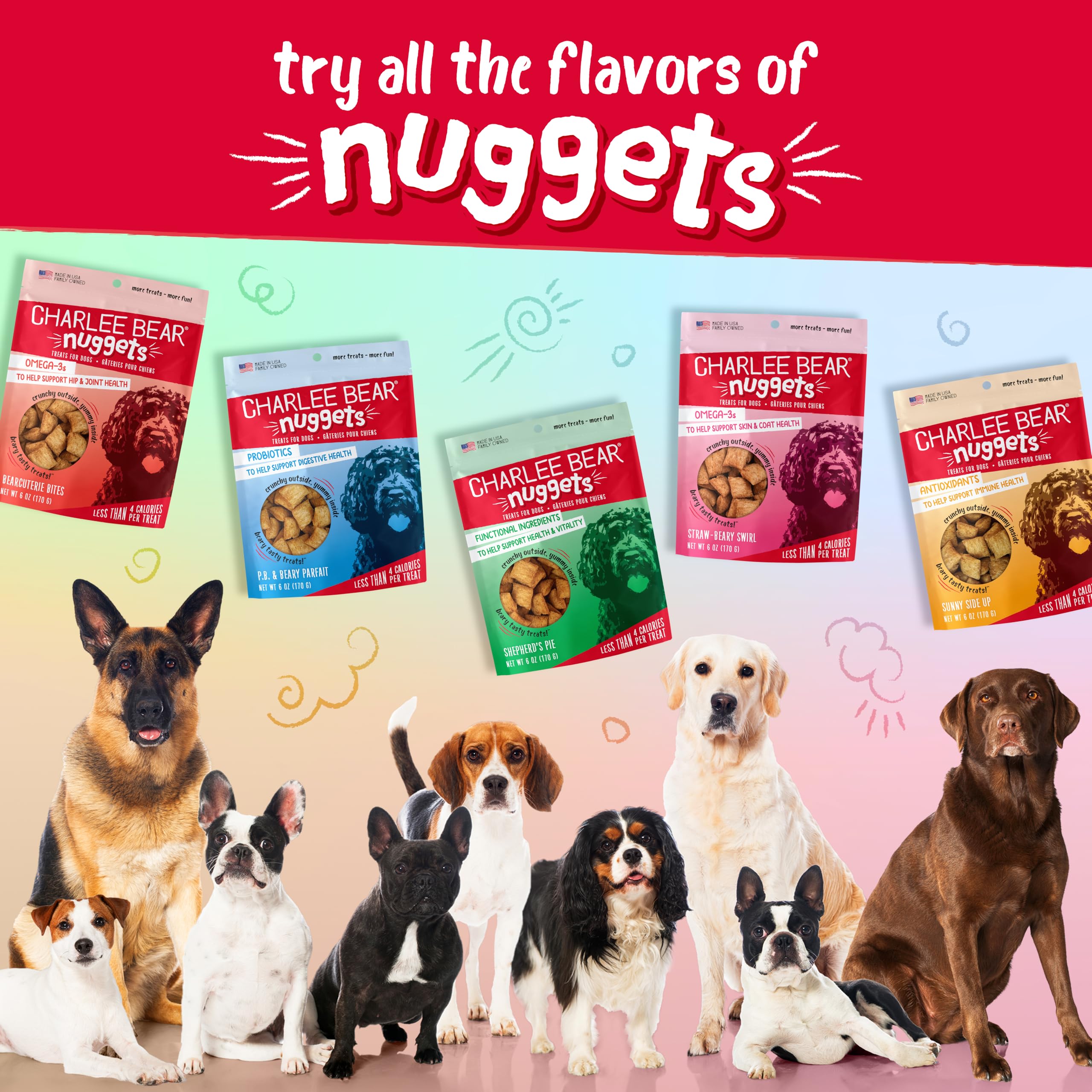 Charlee Bear Nuggets teething-friendly treats for puppies and toys.