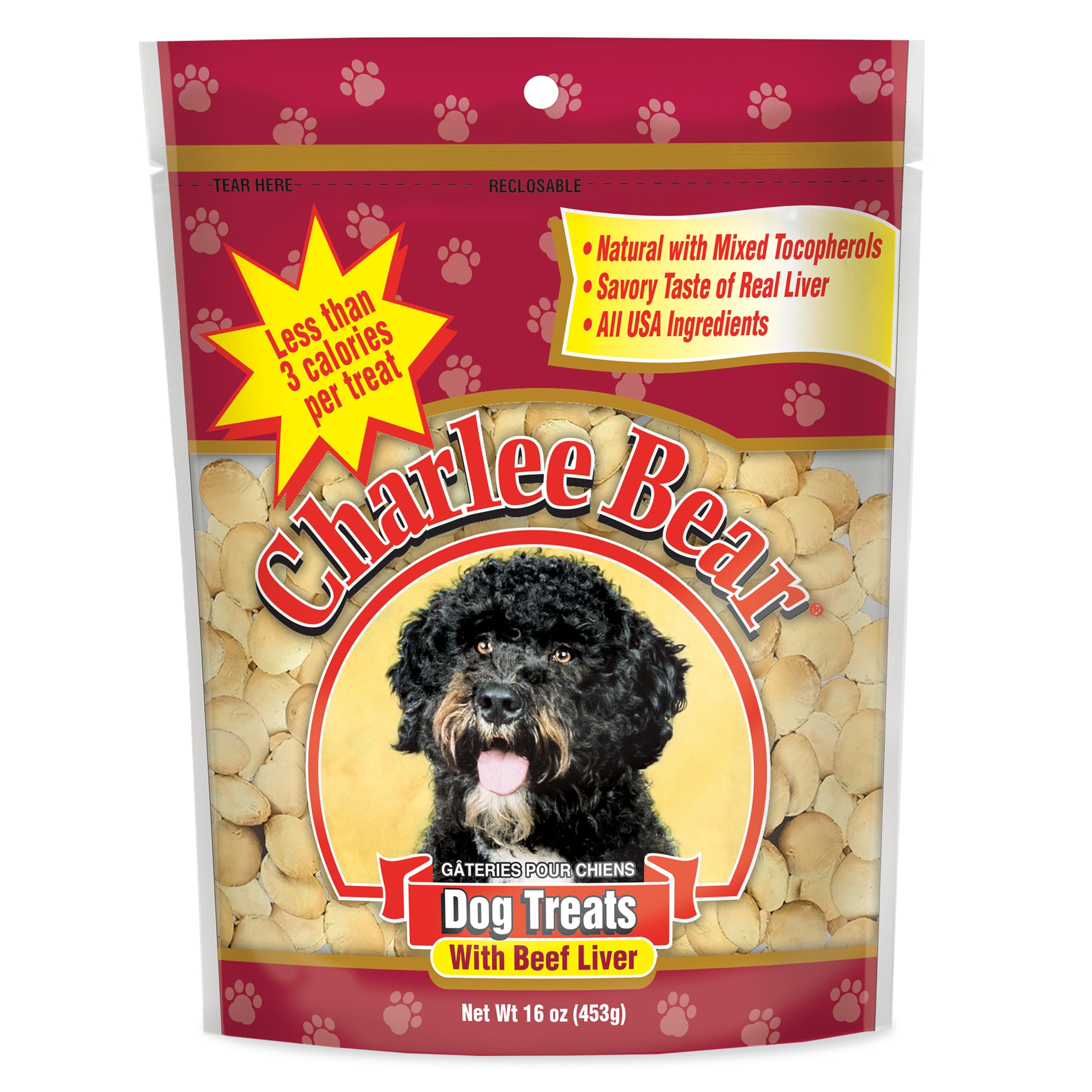 Charlee Bear Original Crunch Beef Liver dog treats in a 16oz bag for training rewards.