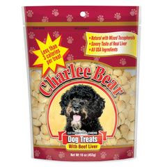 Charlee Bear Original Crunch Beef Liver dog treats in a 16oz bag for training rewards.