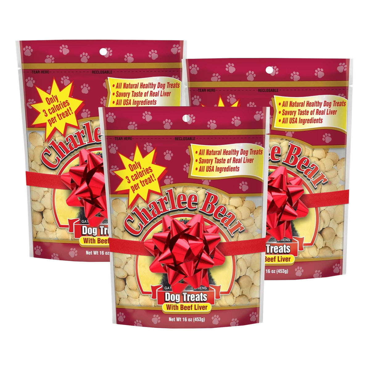 Charlee Bear Original Crunch Beef Liver dog treats bag close-up for training rewards.