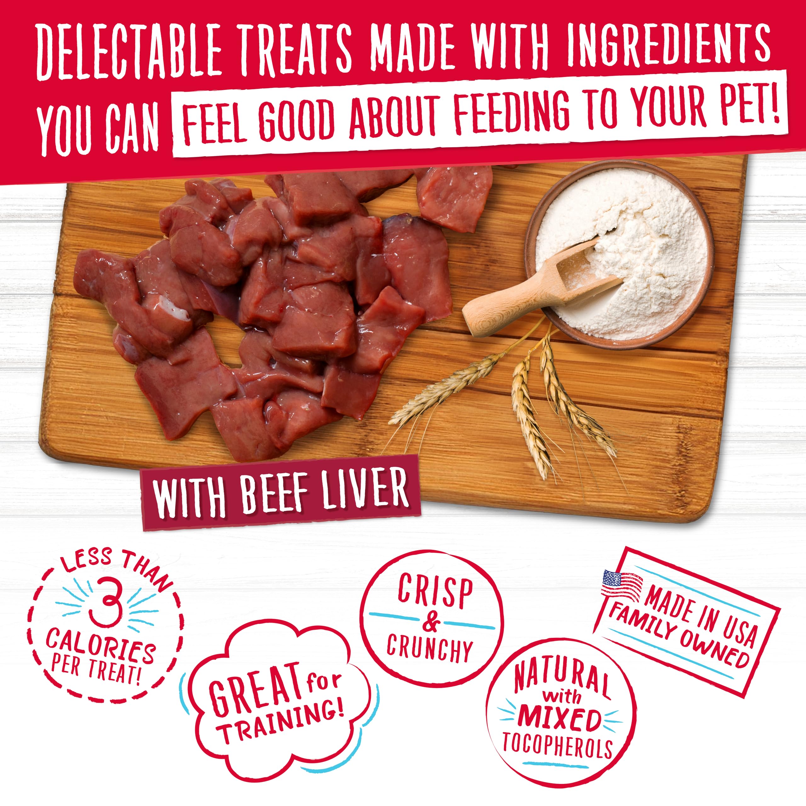 Charlee Bear Original Crunch Beef Liver dog treats arranged for training time with dog-friendly appeal.