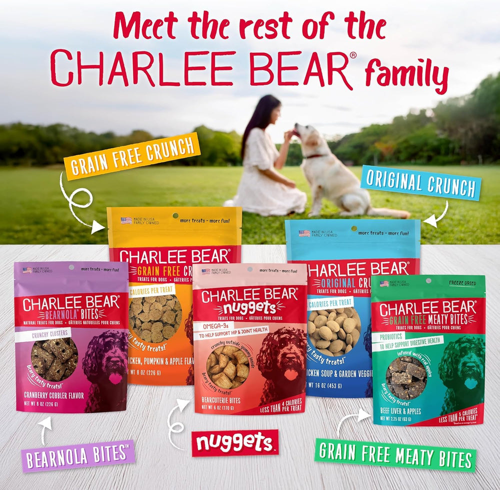 Charlee Bear Original Crunch Beef Liver 16 oz packaging highlighting long-lasting value.