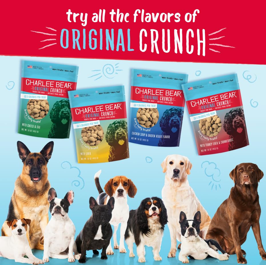 Charlee Bear Original Crunch liver treats 3 calories per treat closeup indicating light, guilt-free rewards.