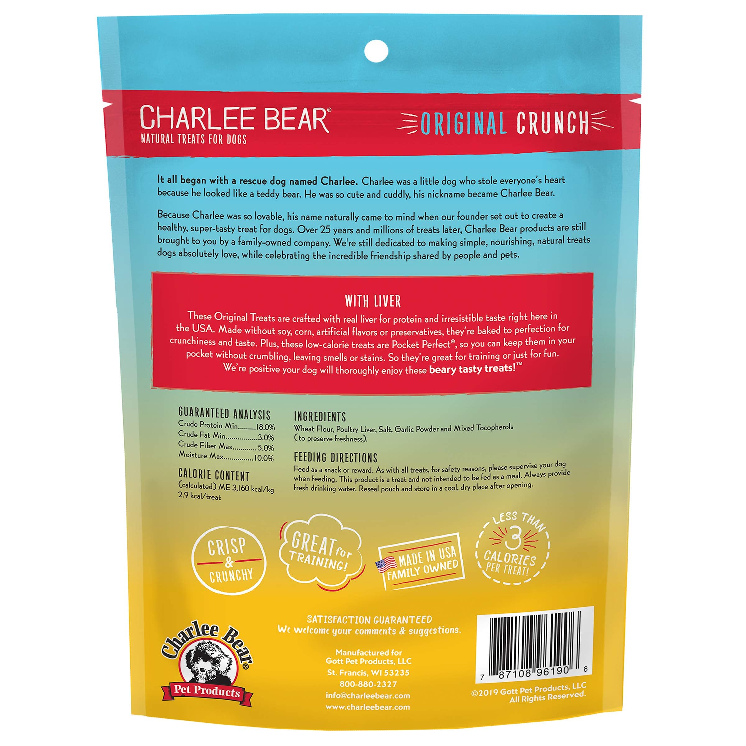 Charlee Bear Original Crunch liver treats real liver ingredients closeup showing savory natural formula.
