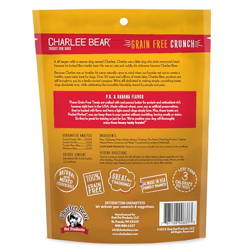 Charlee Bear peanut butter banana treats closeup, aromatic crunch for quick training praise.