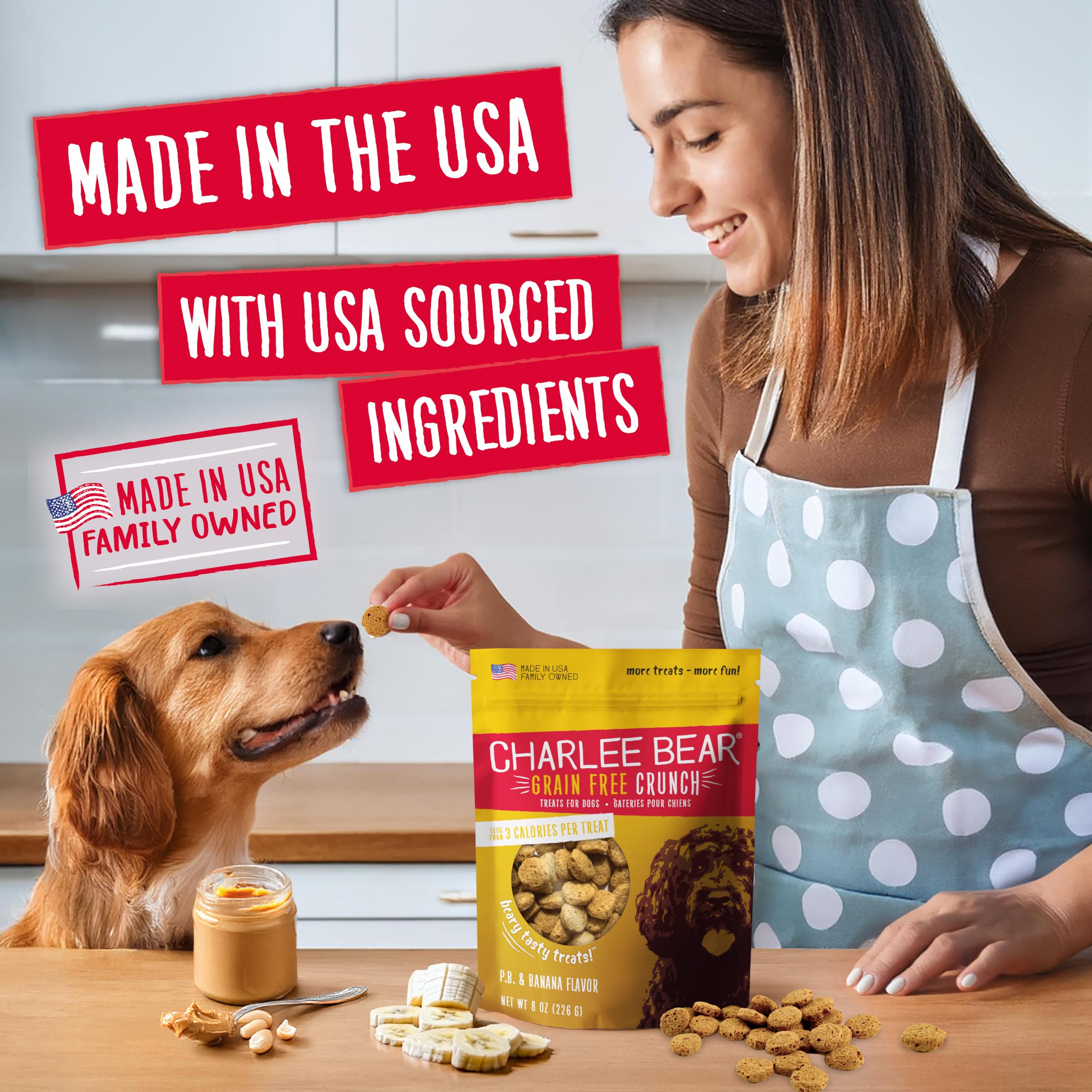 Charlee Bear training treats in pocket, ideal for practice and praise.