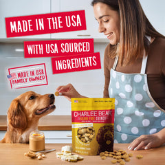 Charlee Bear training treats in pocket, ideal for practice and praise.