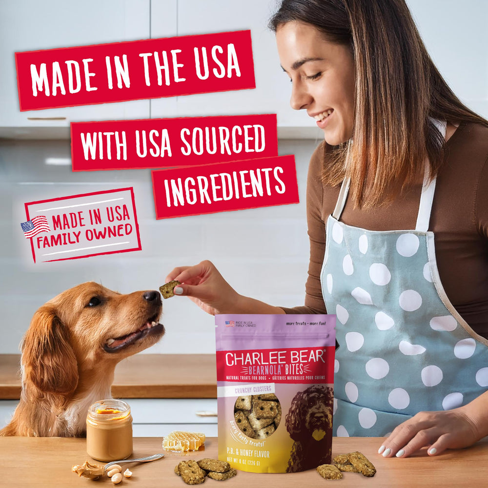 Charlee Bear Vegan dog treats ingredients oats peanut butter honey displayed.
