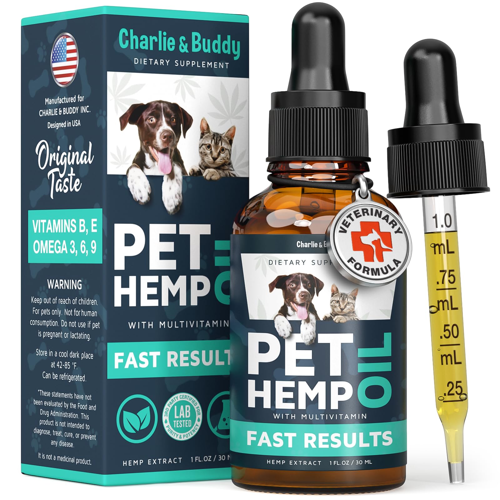 Charlie and Buddy hemp oil bottle pour supports calm pets during daily routines