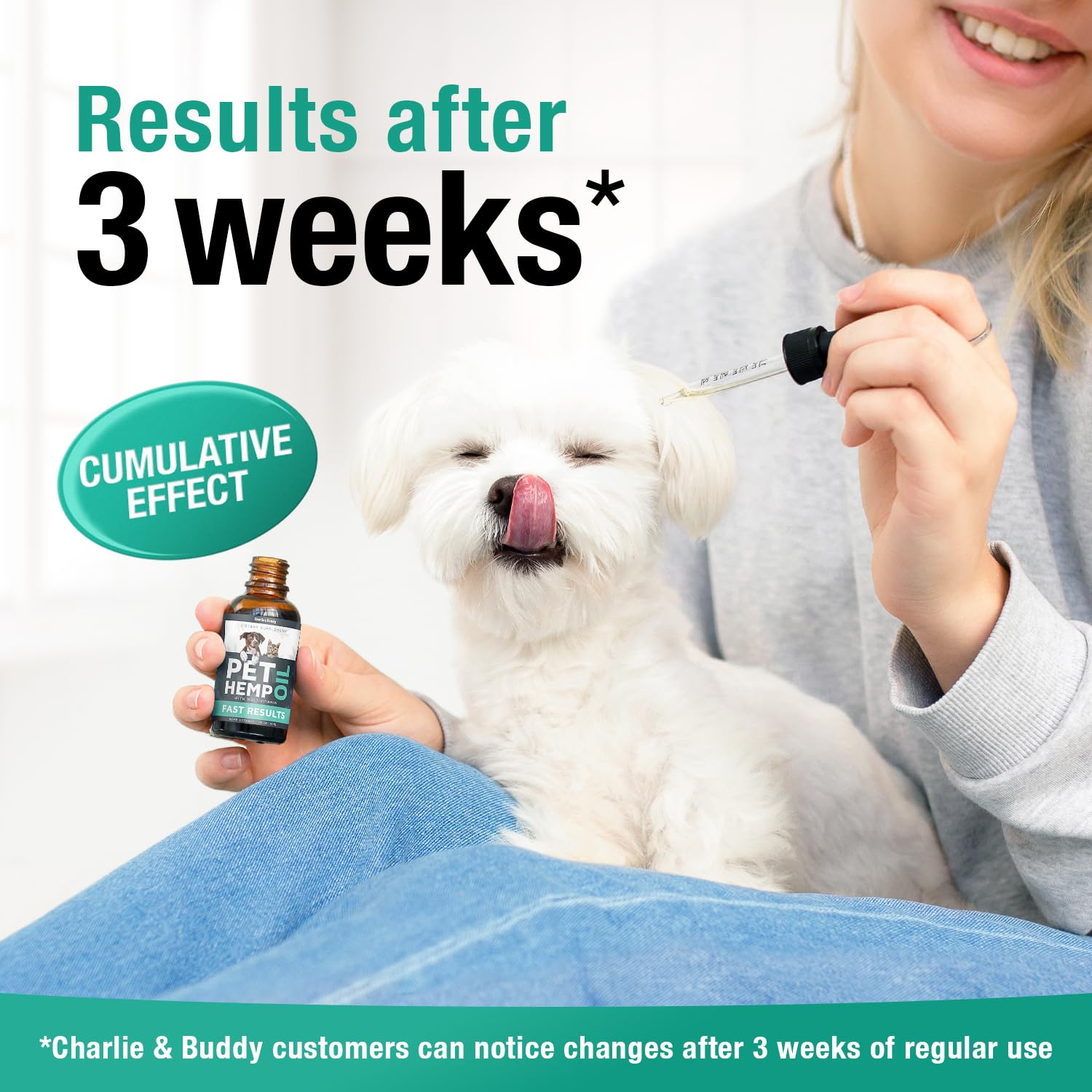 Charlie and Buddy hemp oil bottle with dosing guide card for easy use