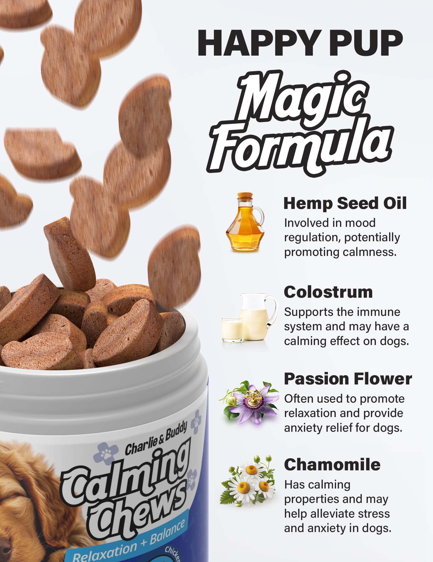 CHARLIE & BUDDY calming chews magnesium citrate bottle hints at natural calming support before storms
