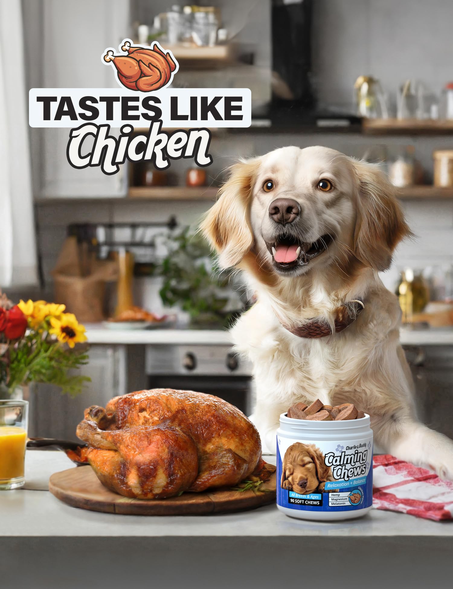 CHARLIE & BUDDY calming chews serving scoop with chicken flavor for easy daily dose