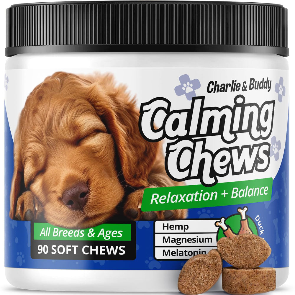 Charlie & Buddy calming chews duck flavor bottle for calming support during stressful events