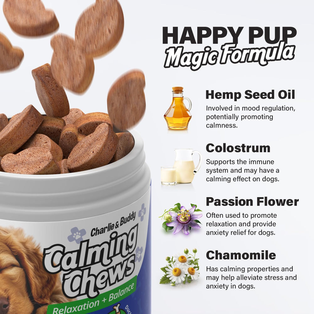Charlie & Buddy chamomile melatonin ingredient visual highlighting soothing ingredients for dogs