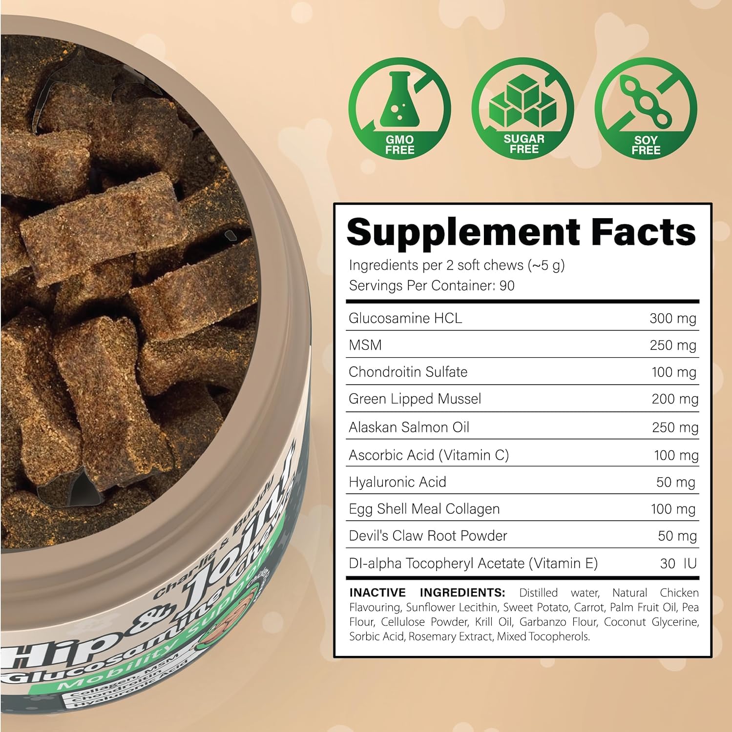 CHARLIE & BUDDY chicken flavor dog treat image emphasizes tasty daily joint care.