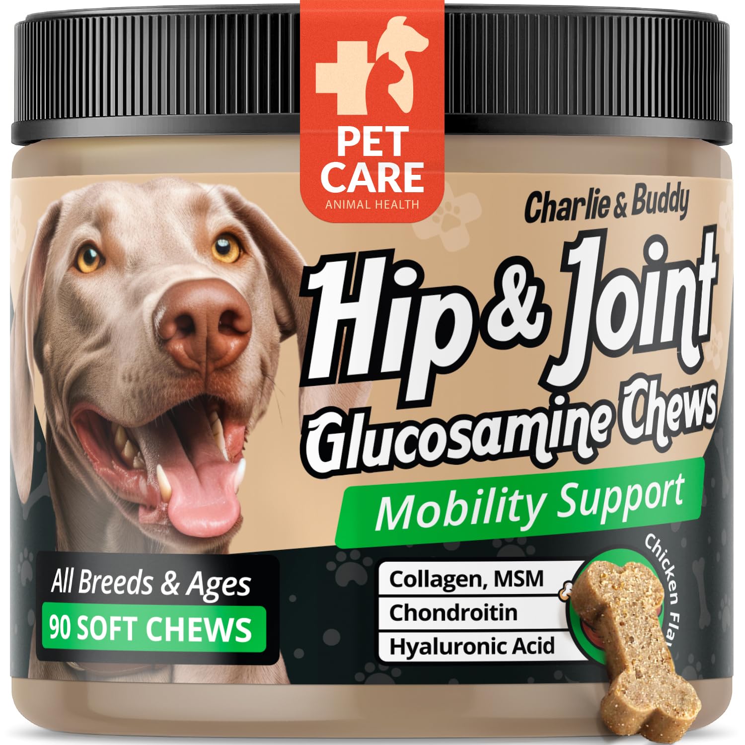 CHARLIE & BUDDY glucosamine chews bottle promotes canine joint support and mobility.