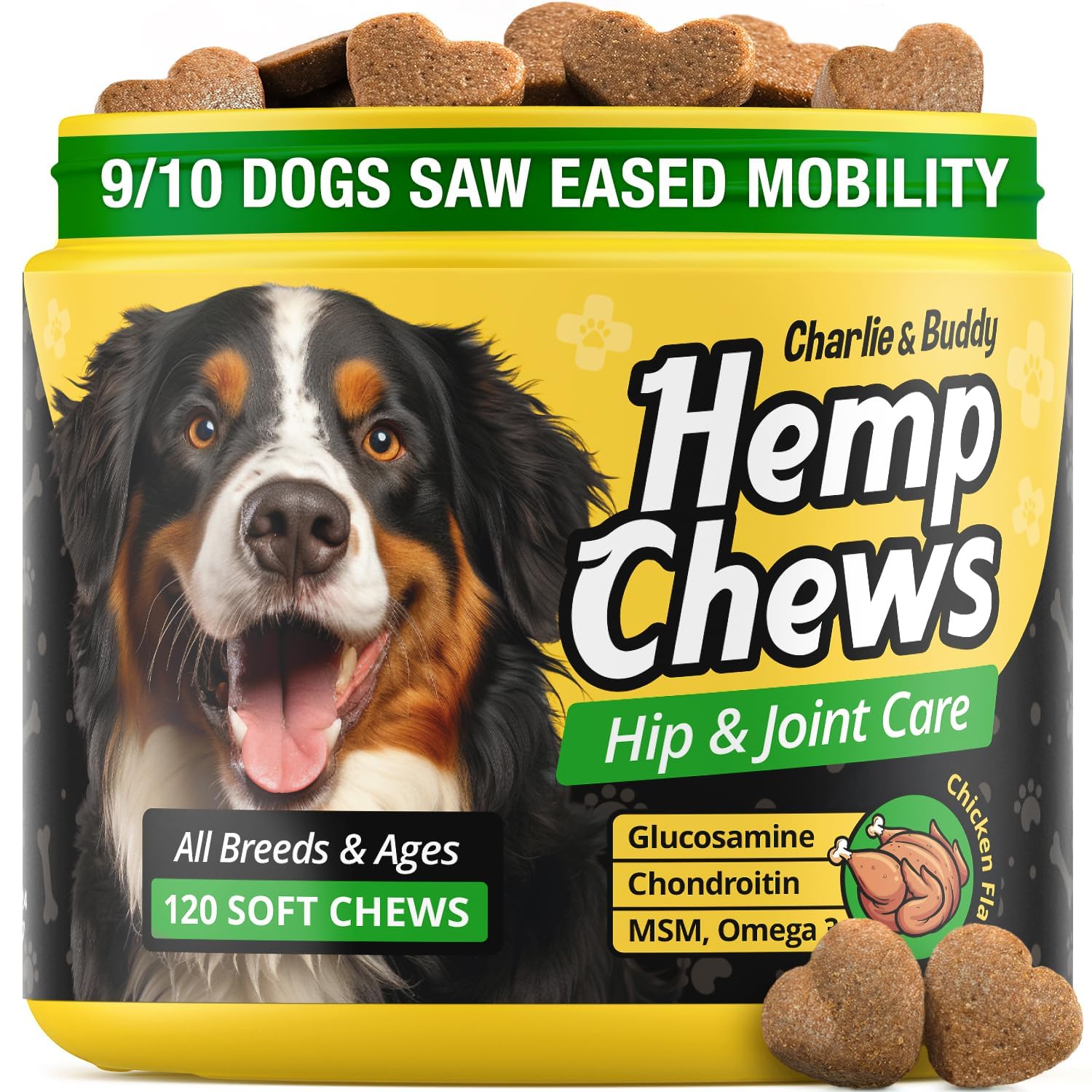 CHARLIE & BUDDY hemp dog treats jar closeup for joint support.