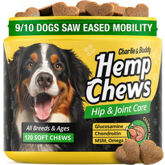 CHARLIE & BUDDY hemp dog treats jar closeup for joint support.