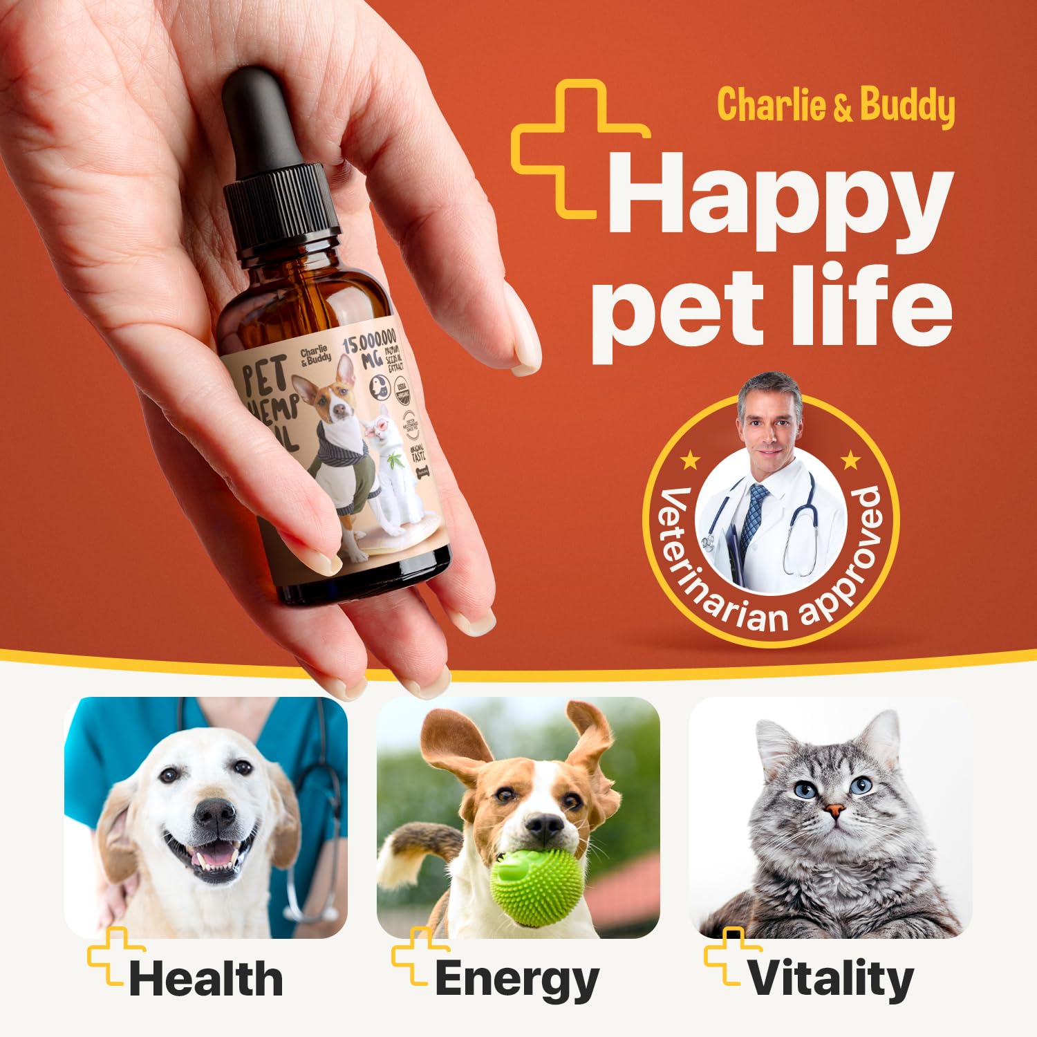 Charlie Buddy hemp oil cat bottle promotes calm behavior in pets.
