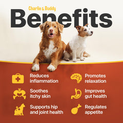 Charlie Buddy packaging and label showcases omega fatty acids and vitamins.